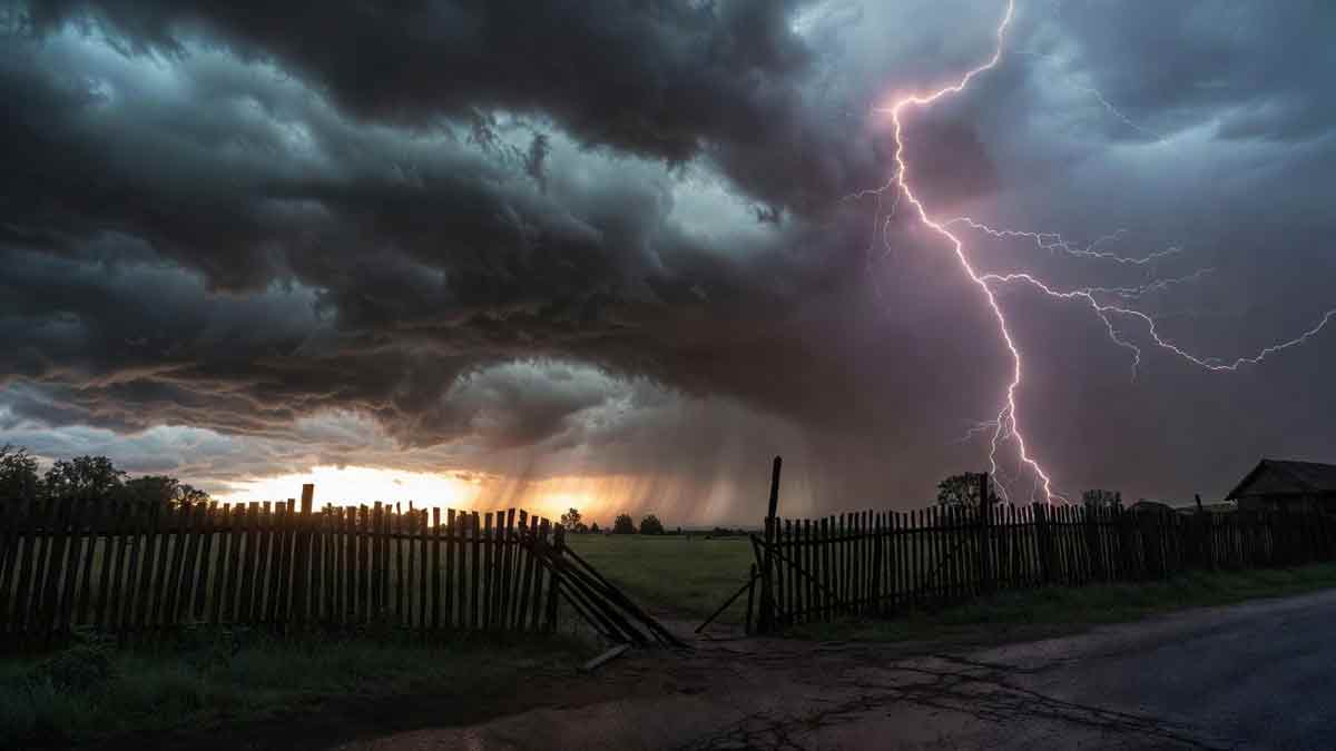 Похмурий пейзаж Райгородська, грозове небо, розбитий шлях, промінь світла крізь хмари