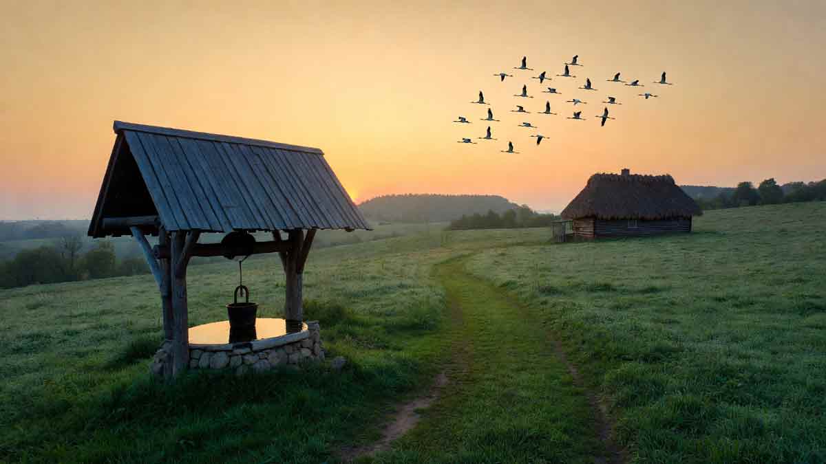 Українське село на світанку, криниця з чистою водою, журавлі в небі, стежина до хати