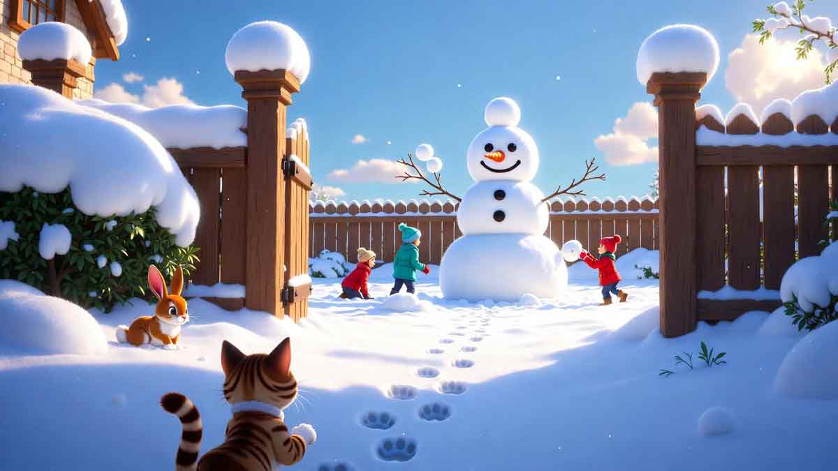 Діти ліплять сніговика, на снігу сліди котика