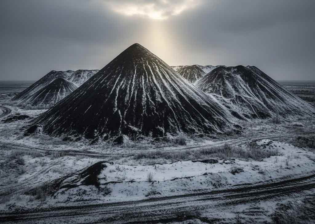 Засніжені терикони Луганщини, контраст білого снігу і чорної землі