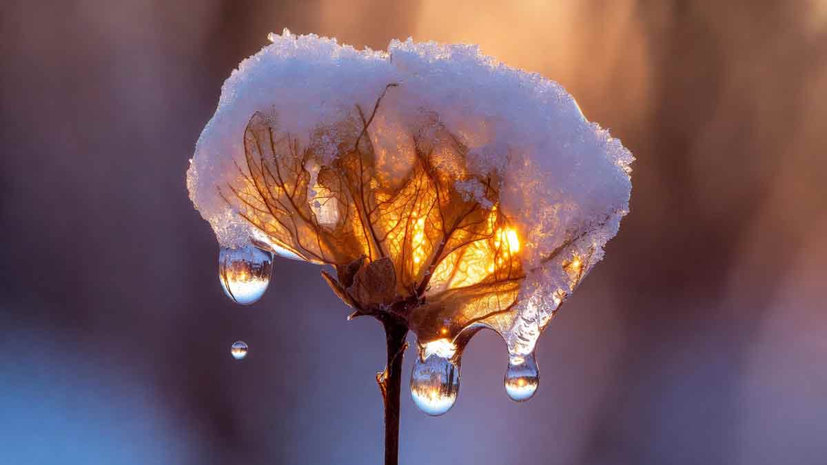 Замерзла квітка, на якій під променем тепла тане лід, перетворюючись на чисті краплі роси