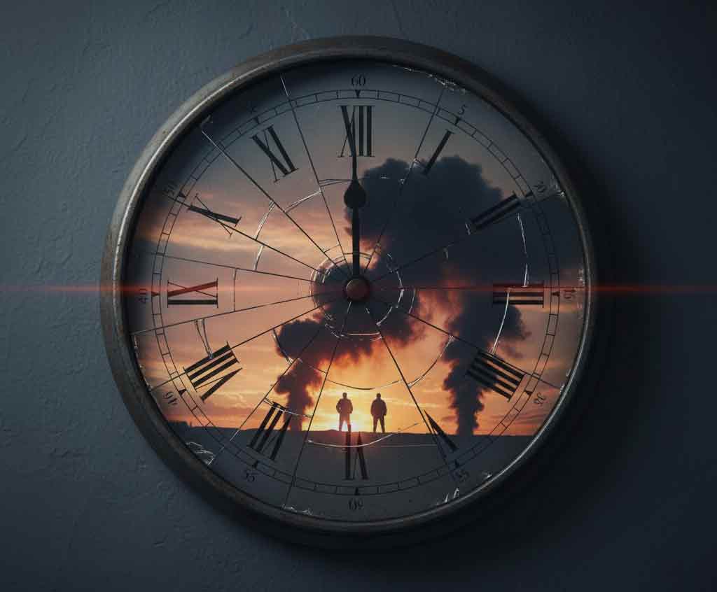Годинник, що зупинився на 5 ранку, на тлі вогняного світанку та захисників