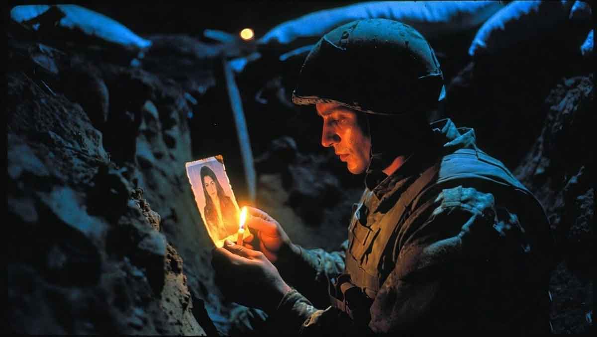 Воїн в окопі дивиться на фото коханої при світлі свічки