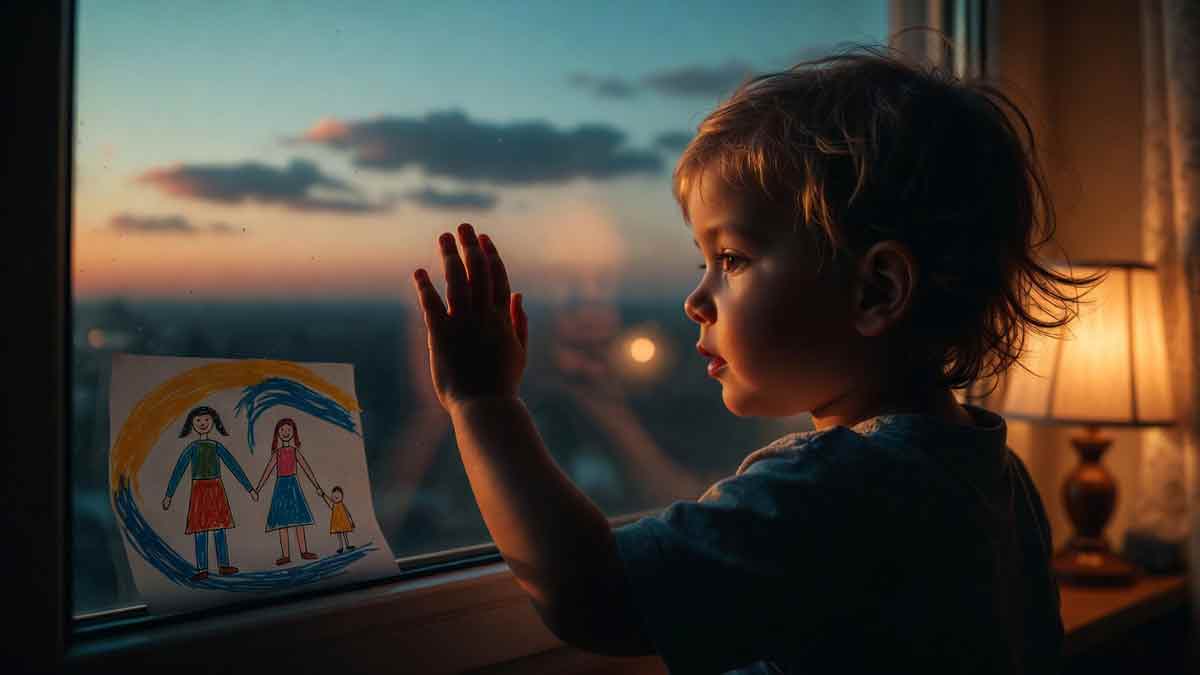 Дитина дивиться у вікно ввечері, тримає малюнок родини, тепле світло лампи