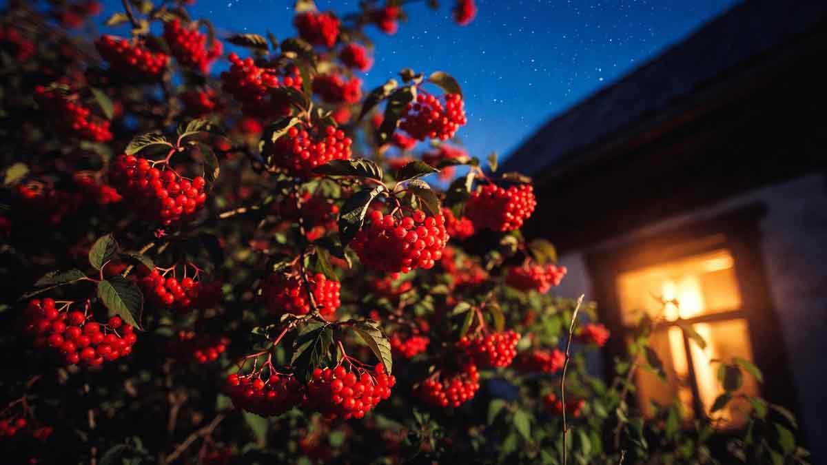 Кущ червоної калини під вікном будинку, вечірнє світло з вікна, зоряне небо