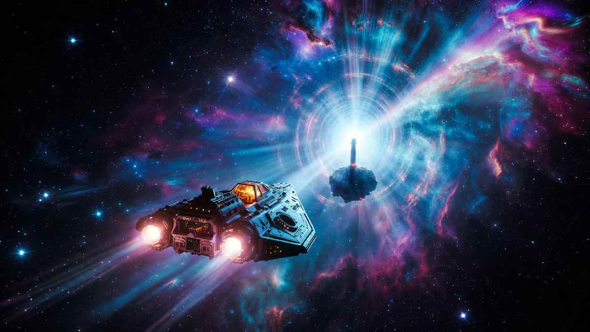 Космічний корабель летить до зоряного маяка, ретро-футуризм 80-х