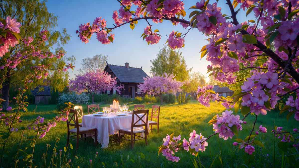 Мирна українська хата, квітучий вишневий сад, родинний стіл, божественне світло з неба