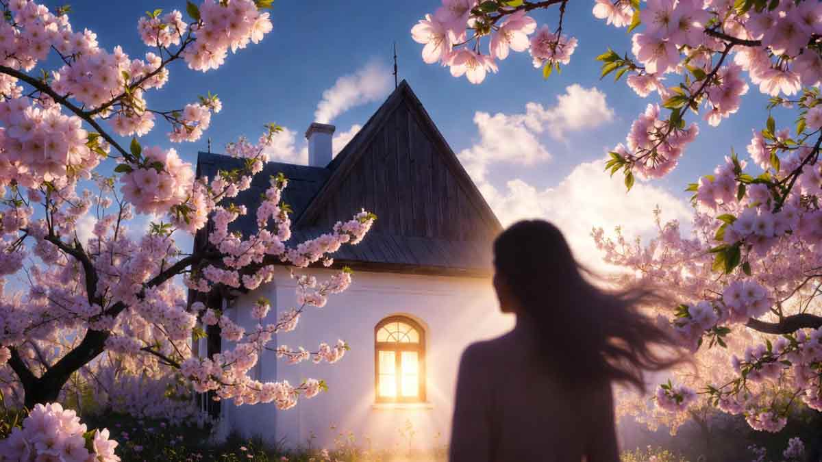 Українська хата під вишнями, божественне світло-маяк, силует мами, атмосфера молитви і миру