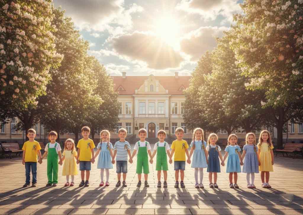 Щасливі діти на сонячній площі Сватового, школа та квітучі каштани