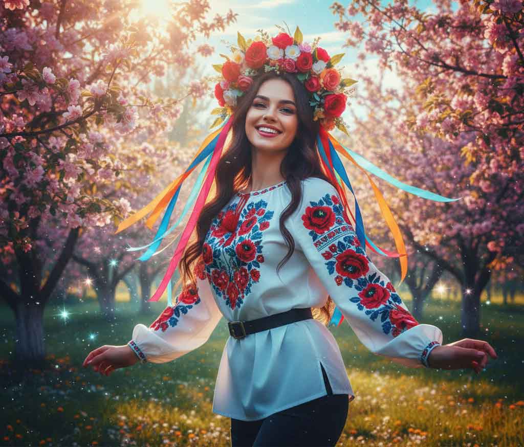 Весела дівчина Марічка у віночку танцює в квітучому саду, стиль 80-х