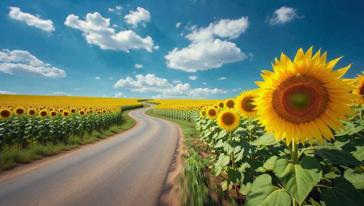 Вид з дороги крізь поле соняшників, блакитне небо, ефект руху автомобіля, літній день