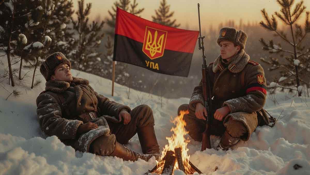 Українські повстанці біля багаття в зимовому лісі, атмосфера братерства, історична реконструкція
