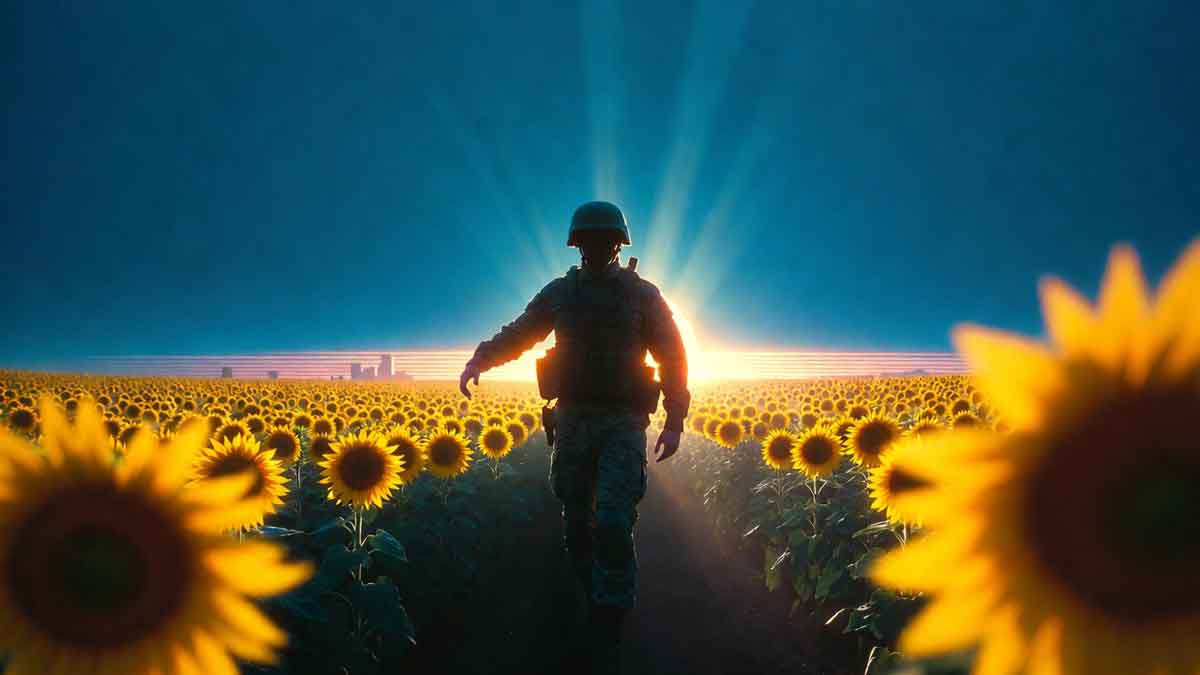 Воїн йде полем соняшників до Сватового, схід сонця