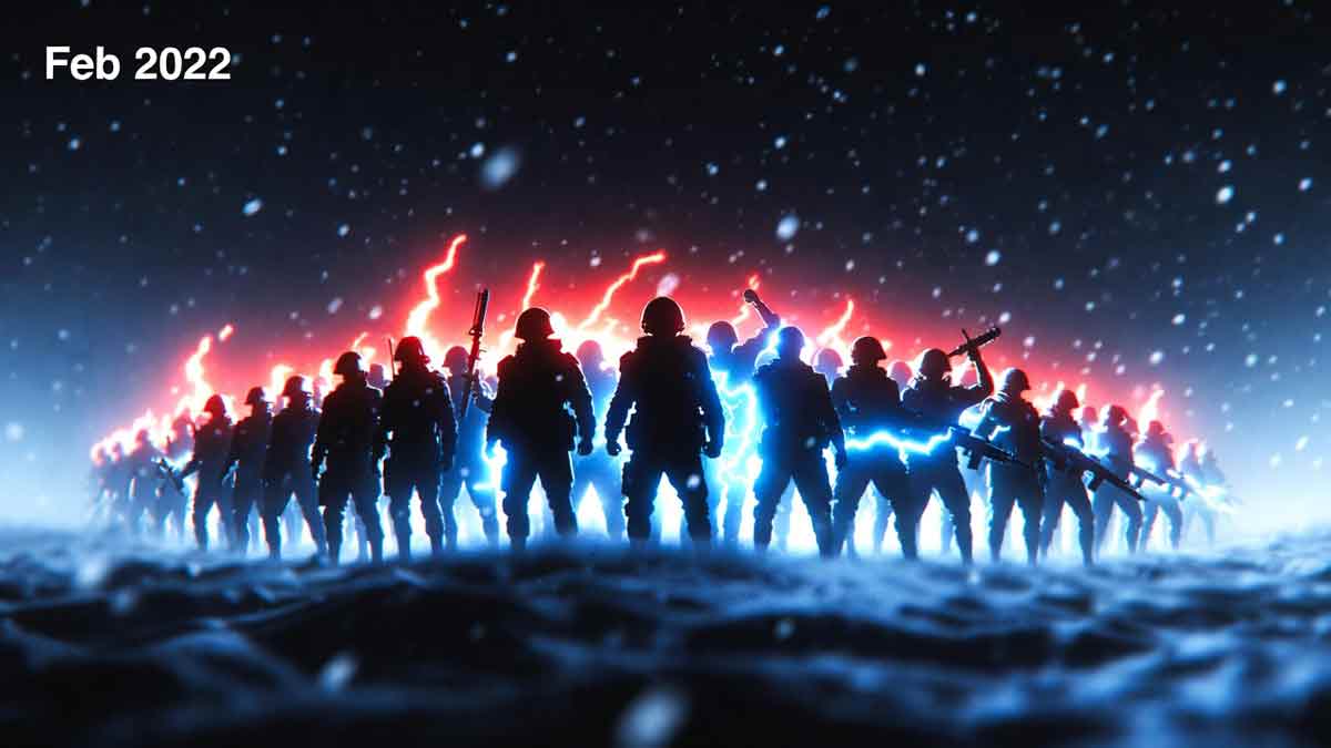 Силуети захисників Сватового, лютий 2022, вогонь і лід, енергійний стиль House music