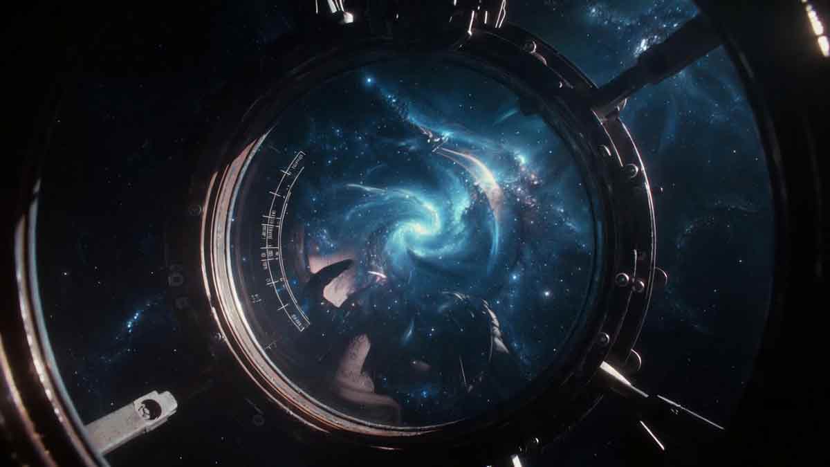 Вид з ілюмінатора космічного корабля, галактика, зорі, відображення інтерфейсу на склі