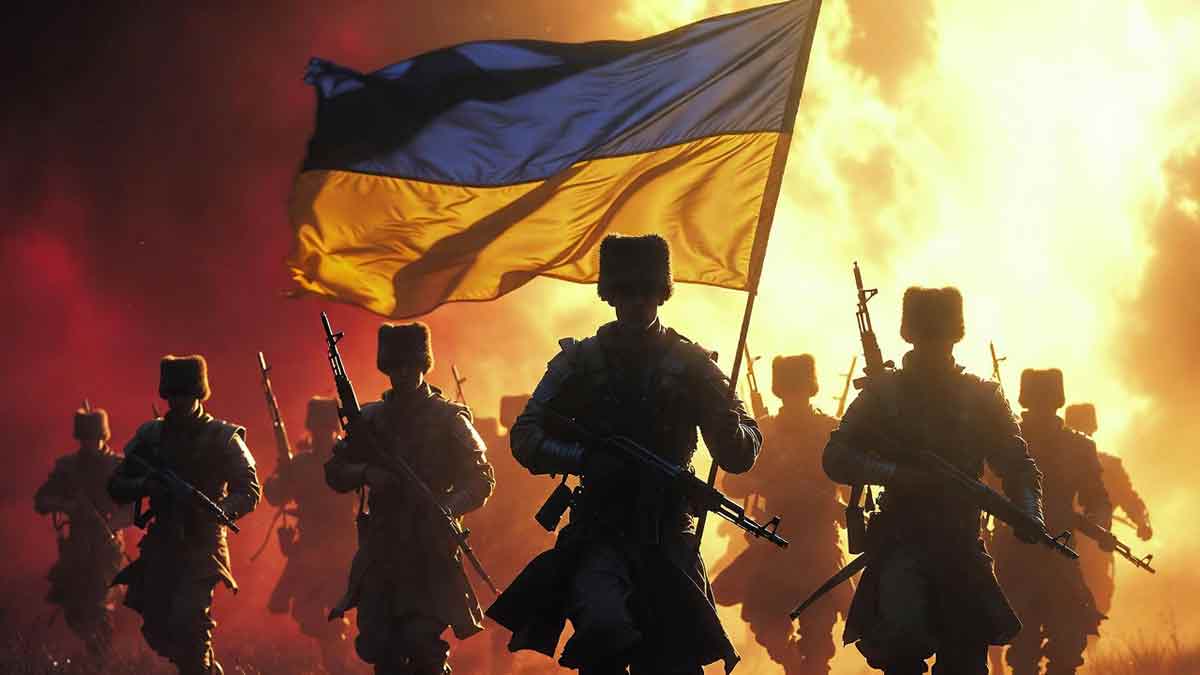 Козаки під українським прапором на фоні сходу сонця, енергія перемоги