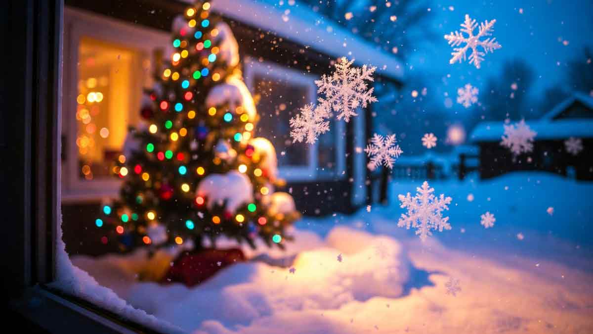 Святкова ялинка у вікні, падає лапатий сніг, вечірнє світло