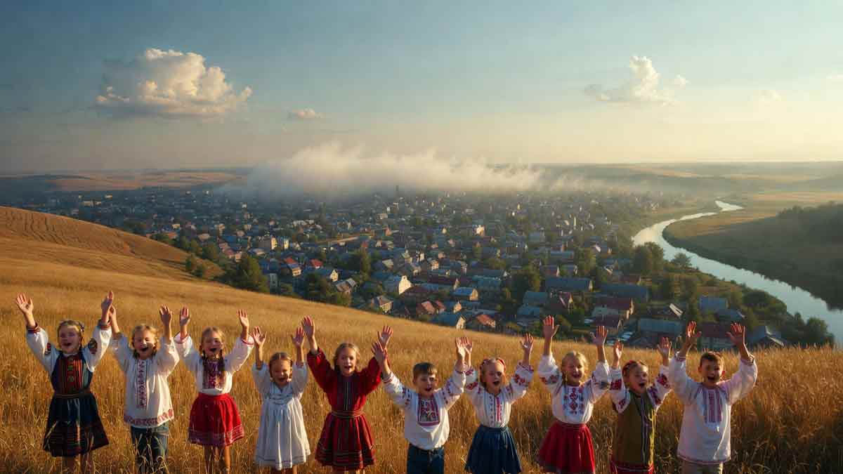 Дитячий хор співає на тлі панорами міста Сватове та річки Красної