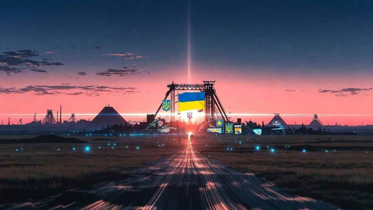 Неоновий світанок над містами Луганщини, футуристична брама на сході