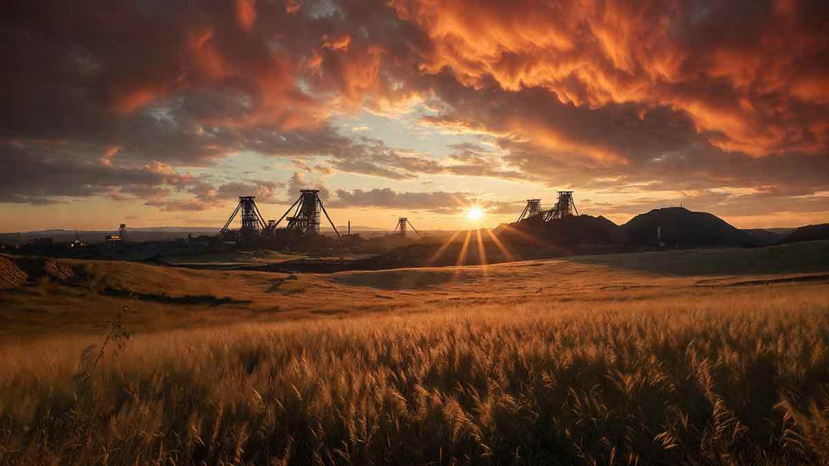 Краєвид Луганщини, золотий степ, терикони на горизонті, схід сонця, вогняні кольори неба