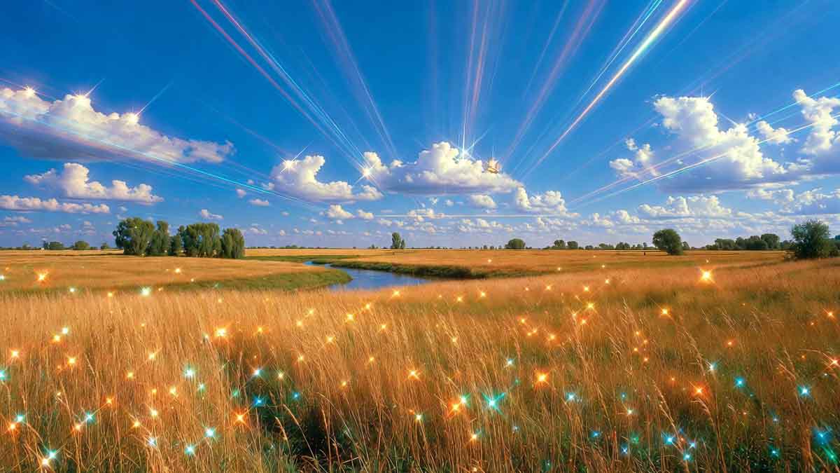 Золотий степ, блакитне небо, річка з вербами, сонячне проміння, стиль італо-диско