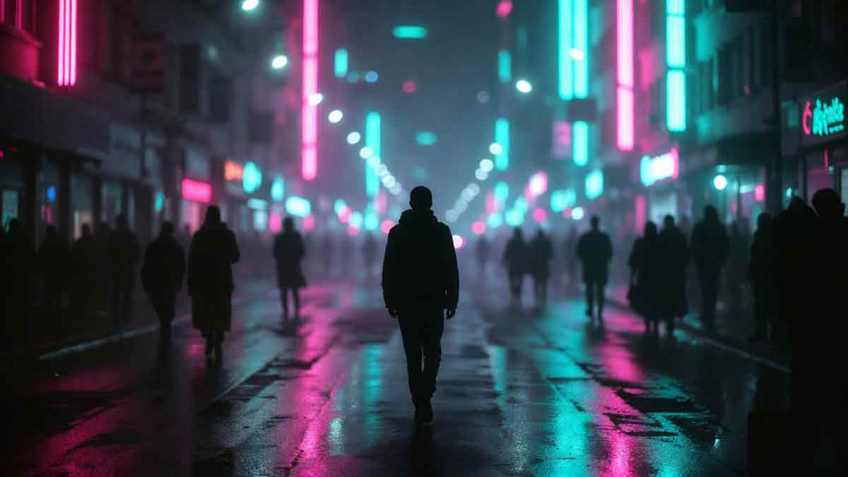 Нічне місто, неонові вогні, силует людини, стиль синт-поп, романтична атмосфера