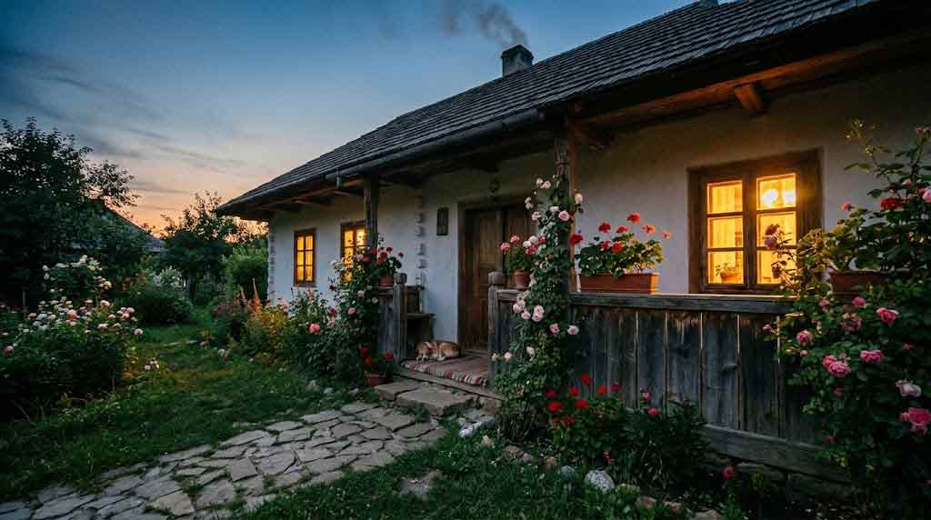 Затишна сільська хата у вечірніх сутінках, тепле світло у вікнах, квіти біля ганку