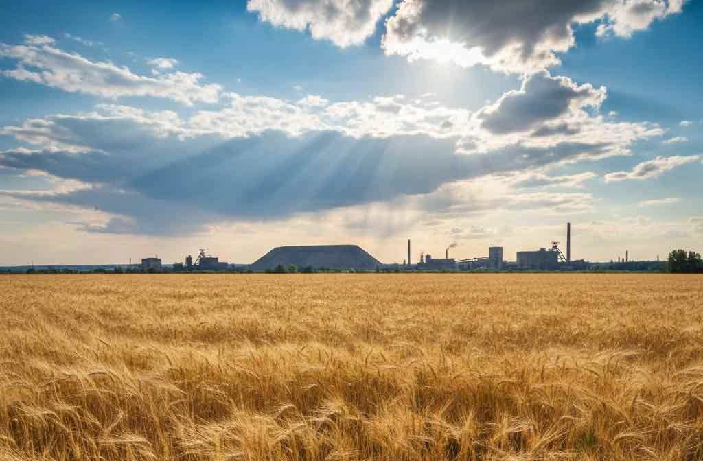 Луганський степ, терикони на горизонті та український прапор