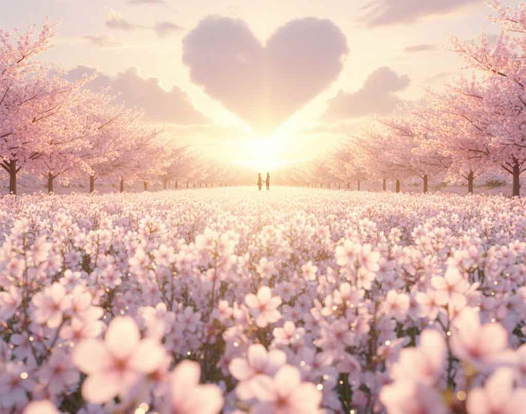 Світанок над полем квітів, ніжне ранкове сонце, атмосфера кохання