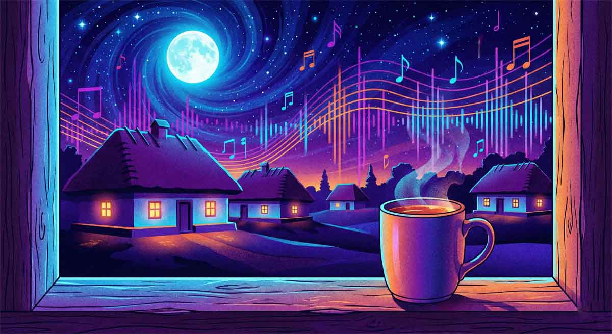Нічне небо, місяць над селом і магія музики
