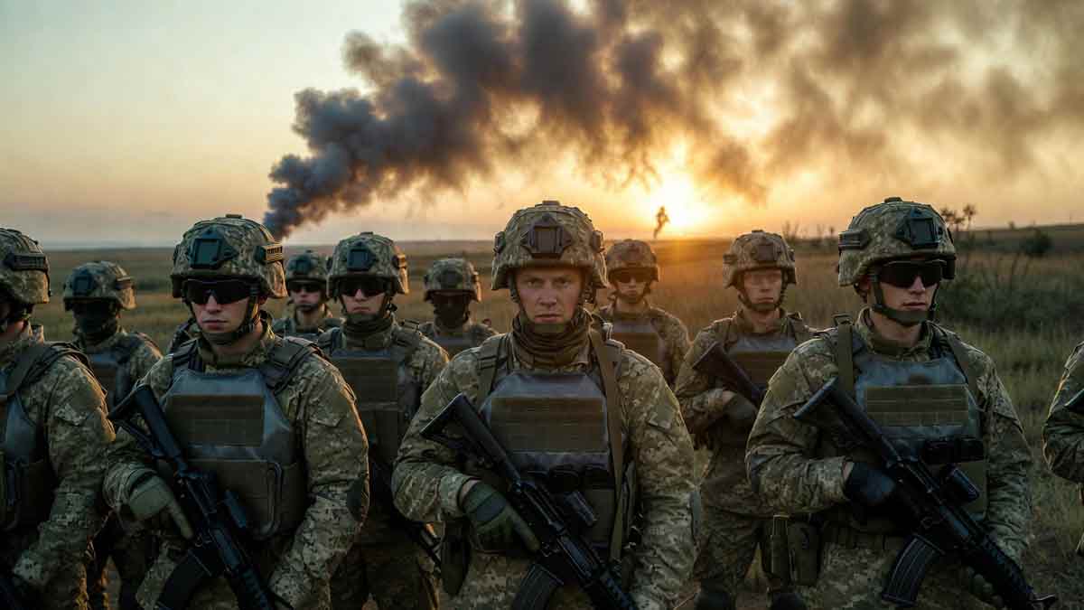 Захисники Сватового, що стоять стіною, сталевий щит, вічний вогонь на фоні неба, героїчна атмосфера