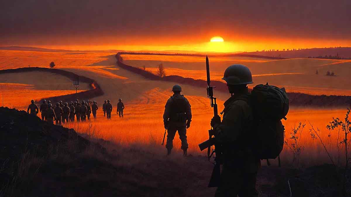 Українські захисники на пагорбах Луганщини, захід сонця, степові рубежі, атмосфера сили