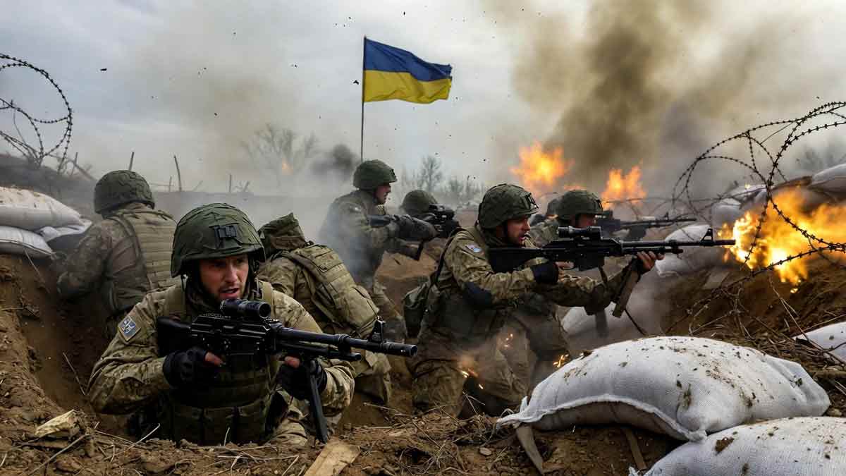 Українські військові в окопі, сонячний день, грає гармошка, соняшники на бруствері