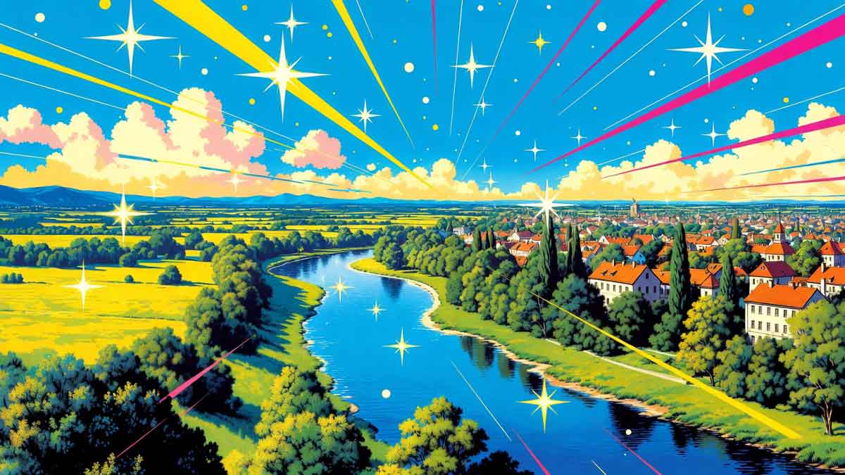 Панорама Сватового над річкою Красною, сонячний день, яскрава зелень, диско-стилізація