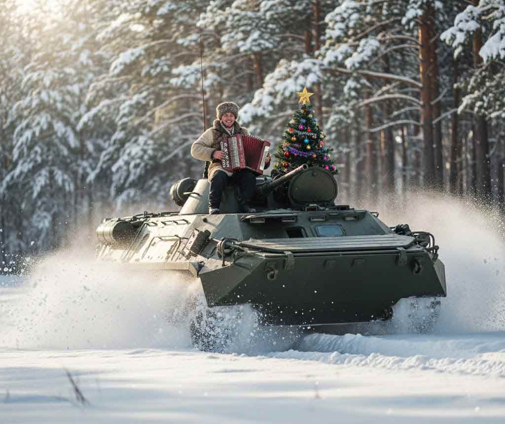 БТР їде крізь засніжений ліс, на броні козак з баяном