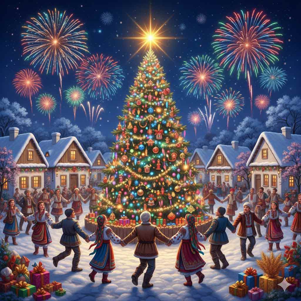 Святкова ялинка в українському селі, зоряне небо, сніг