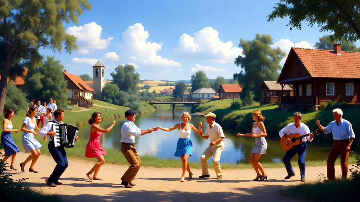 Літній день у селі біля річки, люди танцюють ламбаду, ретро стиль 90х