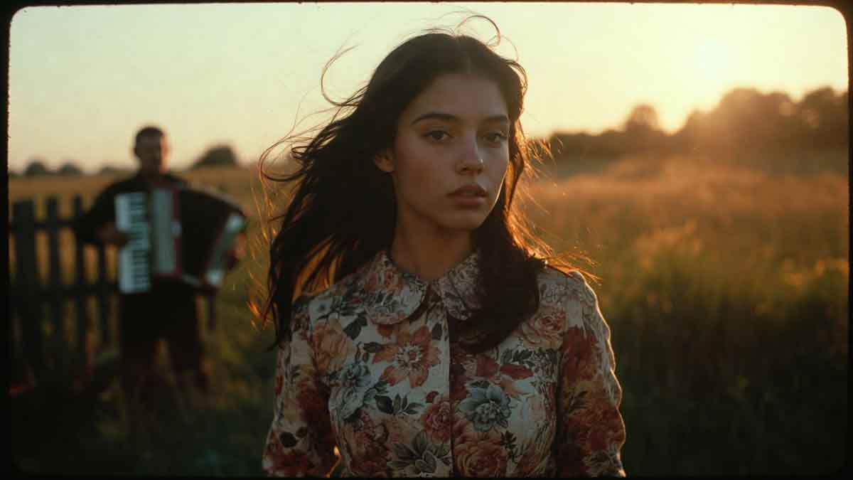 Дівчина у ситцевому платті на заході сонця, сільський пейзаж, ретро фотографія 70-х років