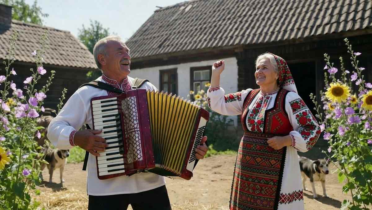 Веселе сільське подвір'я, дід грає на гармошці, бабця танцює, соняшники цвітуть