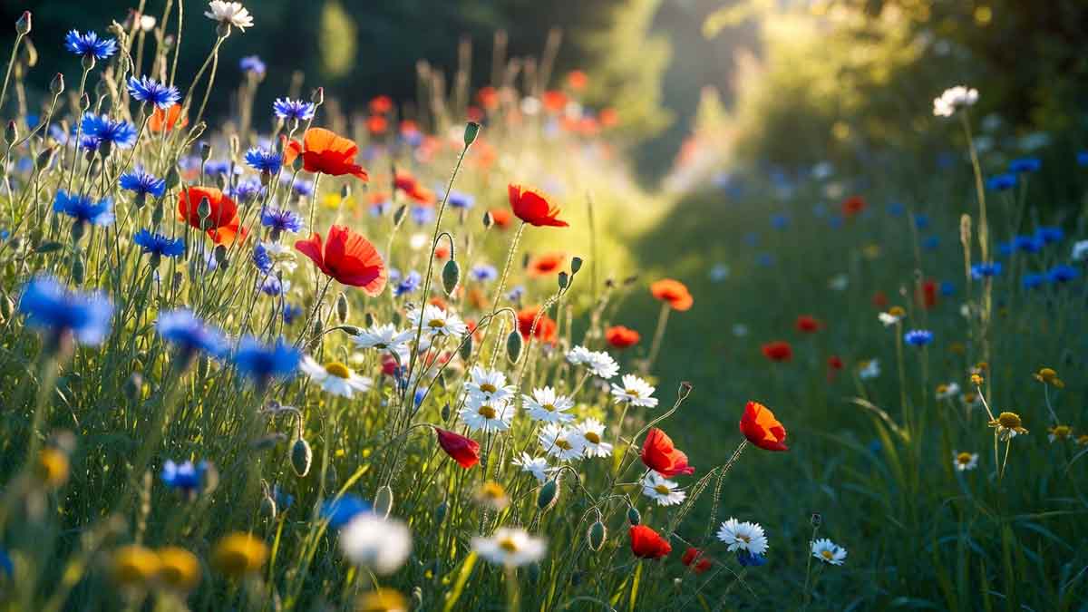 Польові квіти біля стежки: маки, ромашки, волошки у зеленій траві