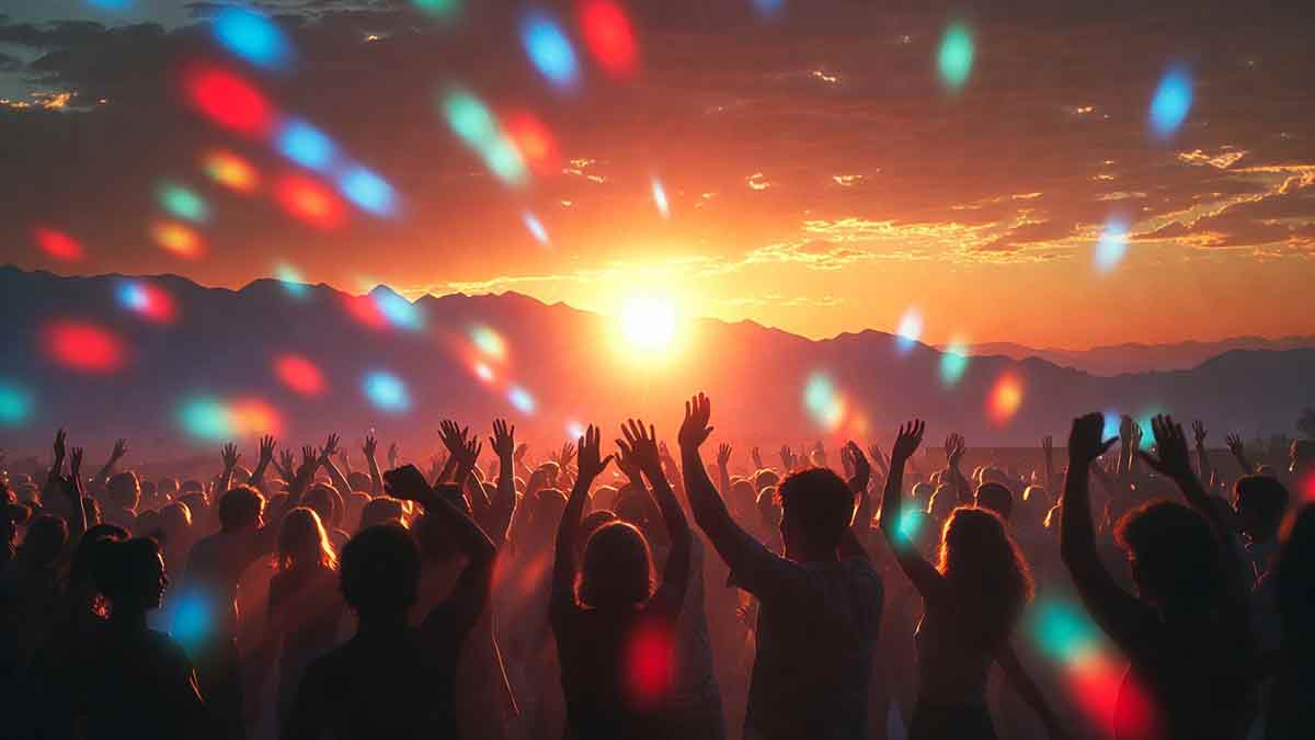 Дискотека 80-х на заході сонця, люди радісно танцюють, ретро стиль