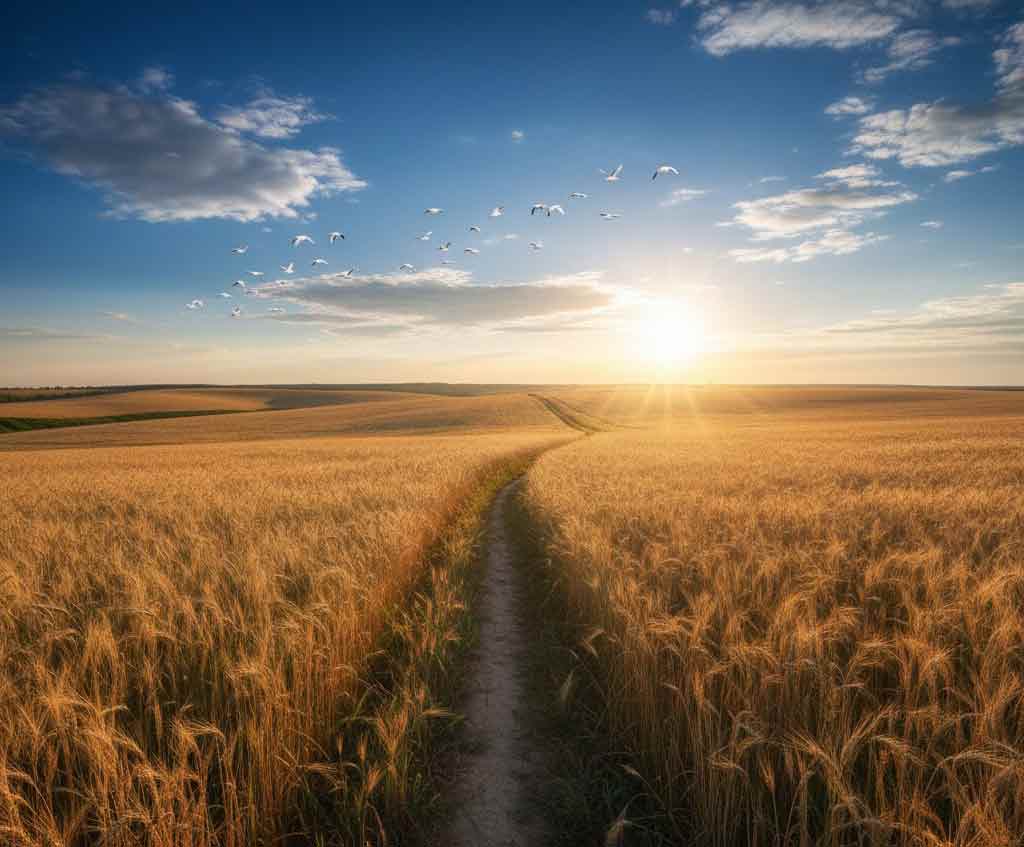 Пшеничне поле на Райгородщині, сонце сходить над шляхом, птахи в блакитному небі