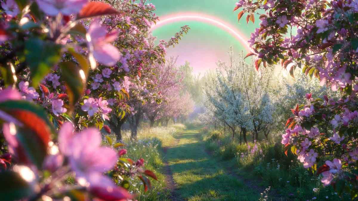 Весняний сад у Райгородську, стежка в квітах, ранкове сонце, неоновий відблиск ретро-мрії