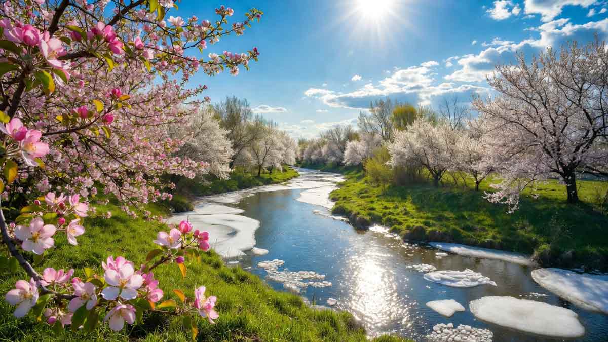 Квітучий сад у Райгородську, річка звільняється від криги, сонячний день