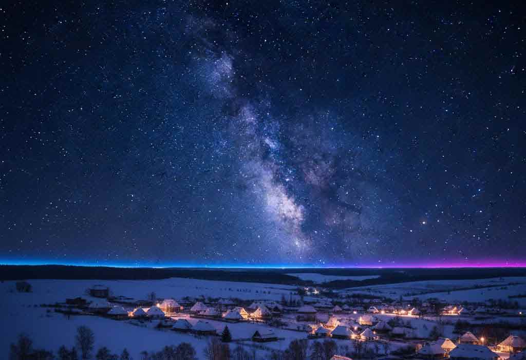 Нічний пейзаж Райгородська, зоряне небо, Чумацький Шлях, теплі вогні у вікнах хат