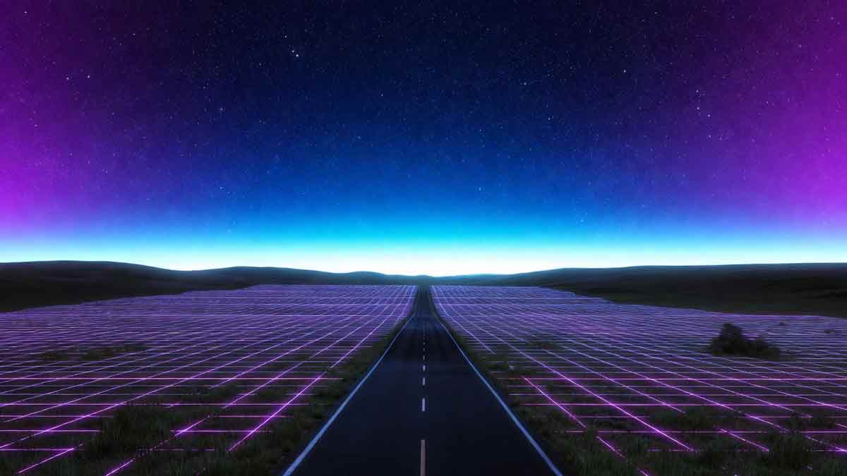 Нічна дорога через степ, неонові вогні, зоряне небо, ритм і швидкість