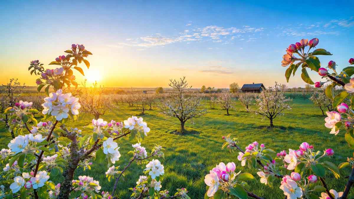 Молодий яблуневий сад у цвіту, сонячний день, українське село