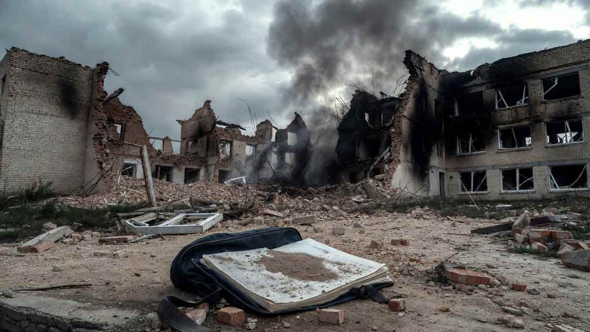 Зруйнована школа в Райгородці, дим, на передньому плані шкільний зошит