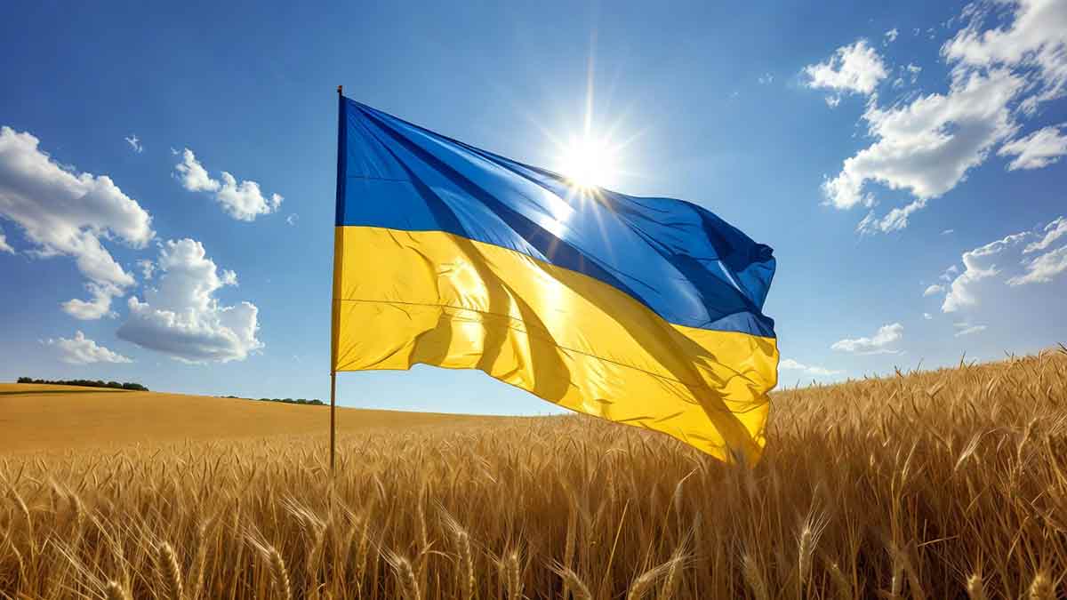 Великий прапор України майорить над полем золотої пшениці, синє небо, сонячний день