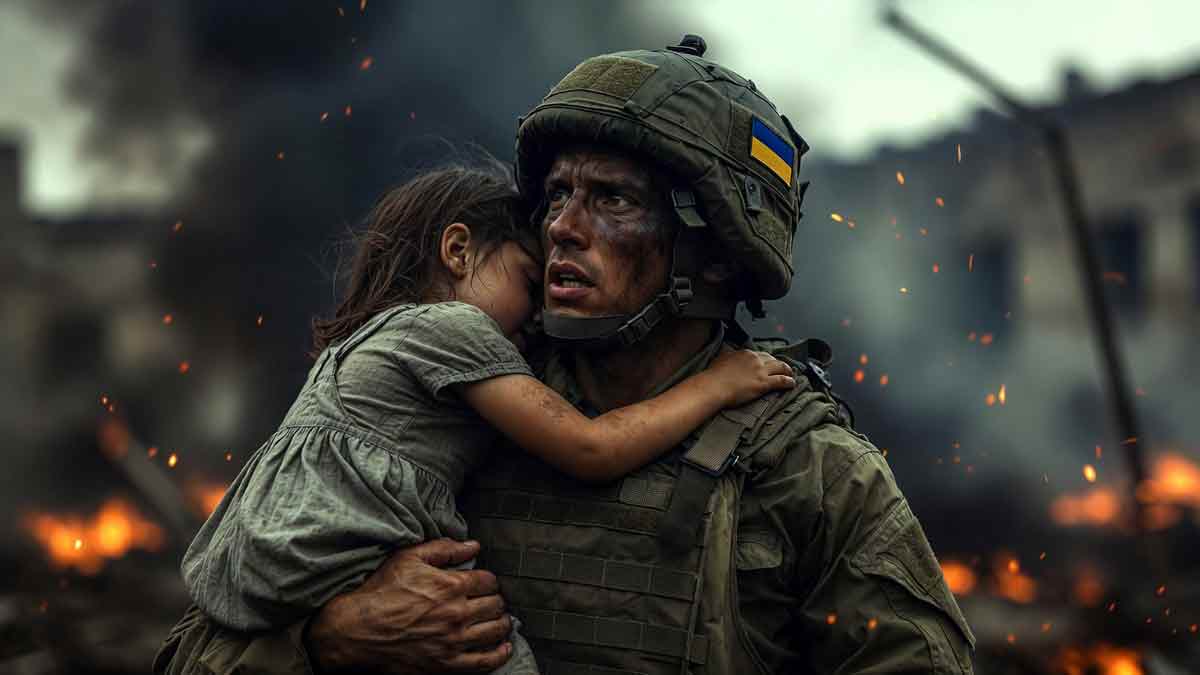 Український солдат несе на руках маленьку дівчинку, на фоні дим і вогонь, емоційний момент